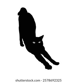 Black Cat Silhouette Stretching, Isolated on White Background. Cat vector, Cat icon, Cat drawing.