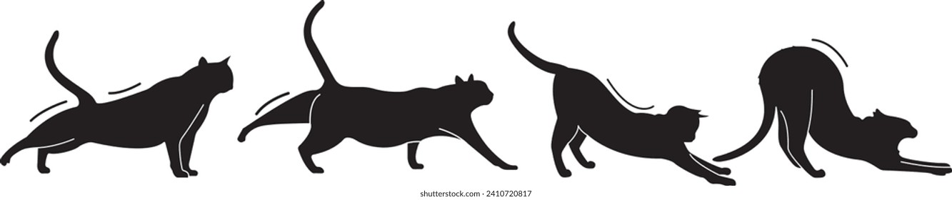 Black cat silhouette stretching,vector illustration, cat sitting, line, logo, print, poster