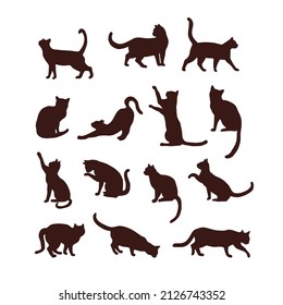 Black cat silhouette in various poses minimalistic vector illustration set isolated on white. Monochrome cats figures print collection for Halloween or tee shirt design.