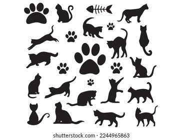 Black cat silhouette in various poses minimalistic vector illustration set isolated on white.