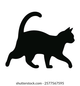 Black cat silhouette in a walking pose, symbolizing grace and agility. Perfect for pet-themed designs, logos, decorations, and vector illustrations. Ideal for creative projects and branding.