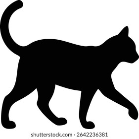 black cat silhouette in a walking or prowling pose, isolated on white background. Ideal for pet-related designs, animal illustrations, or subtle branding