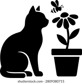 Black cat silhouette watching a bee near potted flower