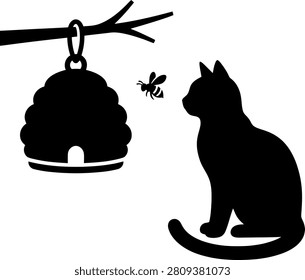 Black cat silhouette watching a bee near a beehive