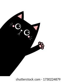 Silueta de gato negro ondeando la mano. Impresión de pata rosa. Cute caricatura kawaii gracioso personaje triste en la cara. Colección de bebés para mascotas. Portada para portátiles. Diseño plano. Estilo escandinavo. Fondo blanco. Aislado. Vector