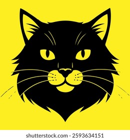 Black cat silhouette with yellow eyes and nose, on a bright yellow background, creating a bold, graphic design.