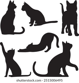 Black cat silhouettes, animal art vector, Set of black cats silhouettes, various poses of cats on a white background, decorative cat vector design

