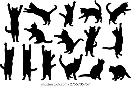 Black cat silhouettes in dynamic poses, vector illustration of feline movements, jumping, stretching, sitting, walking, playing, expressive animal artwork design