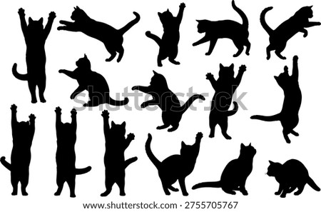 Black cat silhouettes in dynamic poses, vector illustration of feline movements, jumping, stretching, sitting, walking, playing, expressive animal artwork design