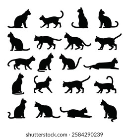 Black cat silhouettes, multiple poses, feline shapes, playful cats.