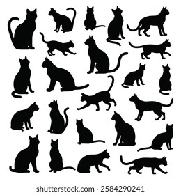 Black cat silhouettes, multiple poses, feline shapes, playful cats.