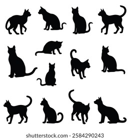 Black cat silhouettes, multiple poses, feline shapes, playful cats.