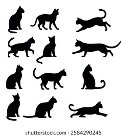 Black cat silhouettes, multiple poses, feline shapes, playful cats.