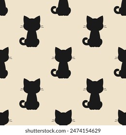 Black cat silhouettes on beige background. Vector seamless pattern. 