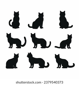 Schwarze Katzen-Silhouetten auf weißem Hintergrund. Verschiedene Posen sitzen, stehen, blicken. Einfache, deutliche Linien von Katzen.