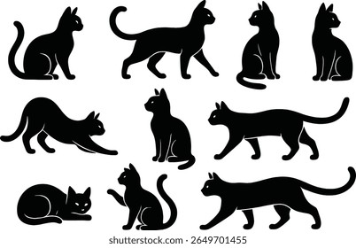 Black cat silhouettes showcase a variety of poses, including sitting, stretching, and walking, creating an appealing and artistic display. The design highlights feline grace and movement.