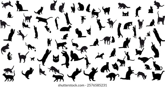 Black cat silhouettes in various poses, isolated on white background