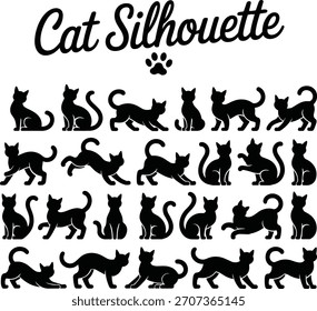 Black cat silhouettes in various poses on white background