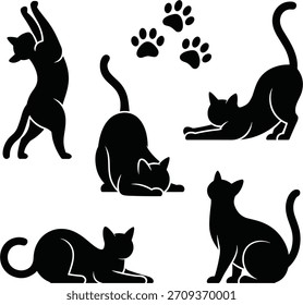 Siluetas de gato negro en varias poses con estampados de patas