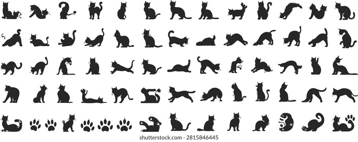 Black cat silhouettes in various poses including sitting walking playing and sleeping arranged in a grid pattern