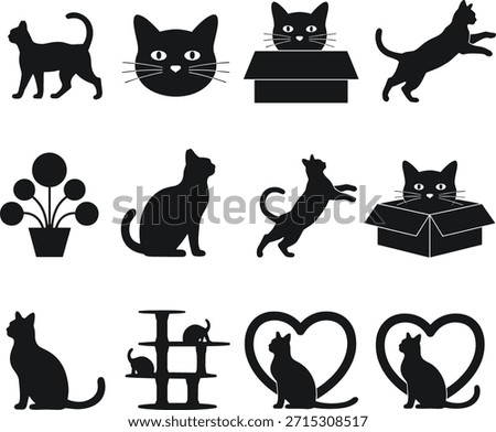 Black Cat Silhouettes in Various Poses and Scenes animal