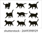 Black Cat Silhouettes in Various Walking Positions, Set of nine black cat silhouettes, displaying different walking poses.