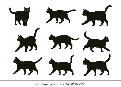 Black Cat Silhouettes in Various Walking Positions, Set of nine black cat silhouettes, displaying different walking poses.