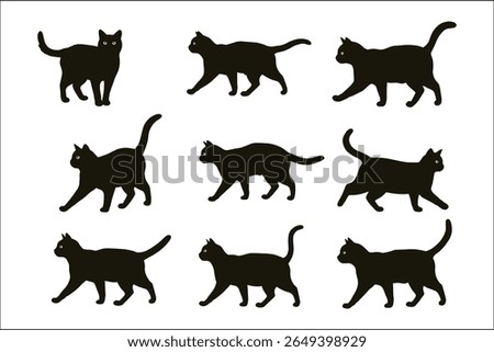 Black Cat Silhouettes in Various Walking Positions, Set of nine black cat silhouettes, displaying different walking poses.