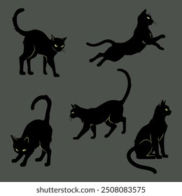 Black cat silhouettes vector poses dark Illustration Vector halloween