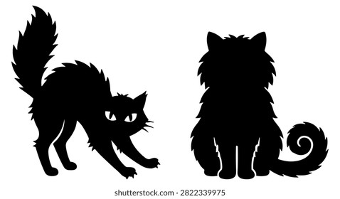 black cat silhouettes vector set of two hairy cats one stretching one sitting on transparent background