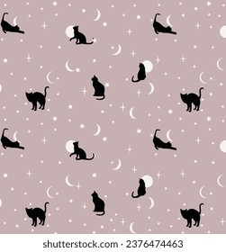 black cat silhoutte, moon and stars background, wallpaper, wrapping