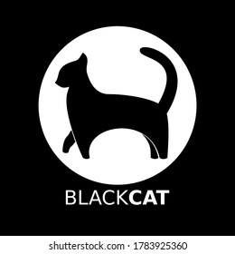 Black cat simple logo design for company, black background, white circle, black cat