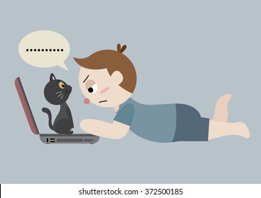 the black cat sit on laptop while the man use laptop cartoon vector