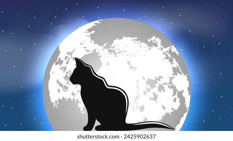 A black cat sits against the background of a bright moon in the night starry sky.