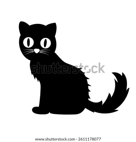 A black cat sits gracefully with its tail curled, featuring large, expressive eyes and a bushy fur coat. Its playful stance suggests curiosity and charm.