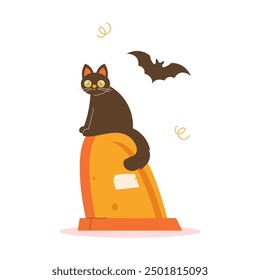 A black cat sits in a graveyard. Halloween concept