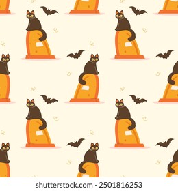 A black cat sits in a graveyard. Halloween concept pattern