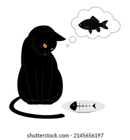 black cat sits and looks at a plate with a fish skeleton. A hungry cat dreams of a fish. The cat ate the fish and looks at the skeleton. T-shirt print. Vector illustration isolated on white background