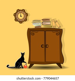 The Black Cat Sits Near the Dressing Wardrobe and Play With The Ball. Vector illustration