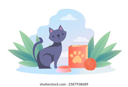 A black cat sits near a food bowl, a box with a paw print, and a ball of yarn, surrounded by green leaves and a cloudy sky. Pet care and cat lover concept. Vector illustration