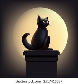 Un gato negro se sienta en una chimenea contra el fondo de la luz de la luna en una noche oscura, 3D. Para los conceptos de publicidad, descuentos y promoción de bienes en vacaciones. Imagen mística. Vector