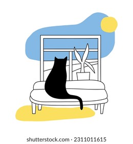 Black cat  sits on the couch and looks out the window.  Vector hand drawn illustration.