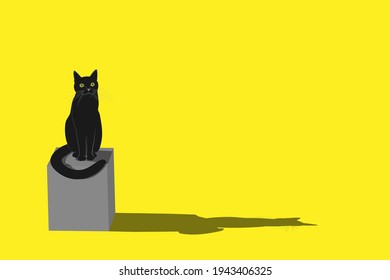 A black cat sits on a gray cube on a yellow background. Sharp shadows. The image is in trendy colors in the style of impressionism. Vector illustration with space for text, cartoon style.