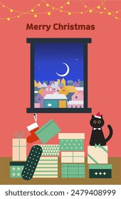 A black cat sits on a pile of gifts and the night view of the village can be seen through the window behind it.
