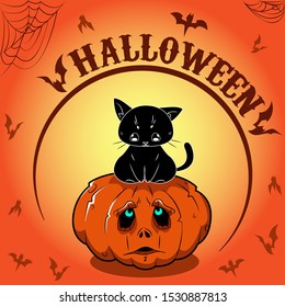 A black cat sits on a pumpkin