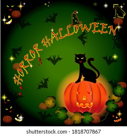Black cat sits on a pumpkin and celebrates halloween. There are bats around, scary smiles on a dark green background.
