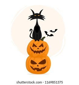 Black cat sits on pumpkins. Halloween vector illustration isolated on white background.