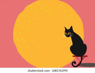 black cat sits on red chair with full moon on pink background, idea for printing and art work.
