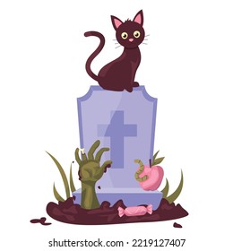 A black cat sits on a tombstone. A zombie hand emerges from the grave. Nearby lies a candy and an apple with a worm. Halloween.