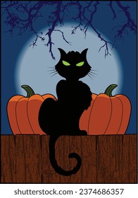 A black cat sits on top of a fence.